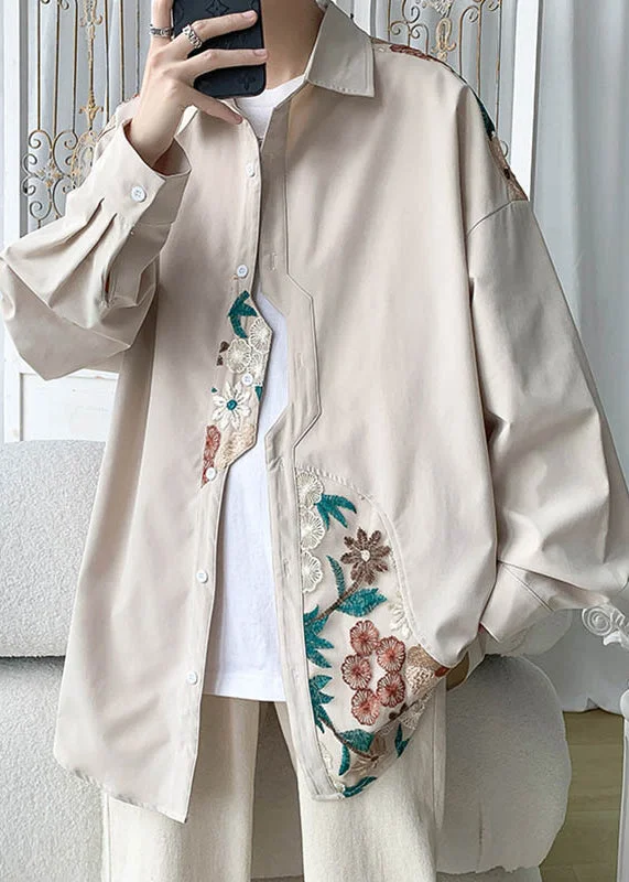 Energy Wear Plus Size Beige Embroidered Button Cotton Neutral Coats Spring