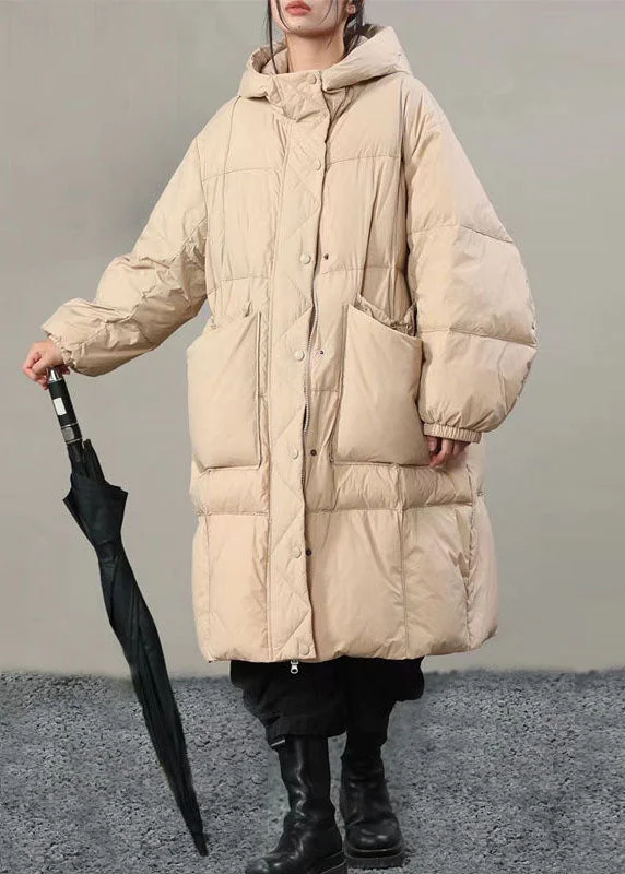 Casual Elegance Plus Size Beige Hooded Solid Pockets Duck Down Winter Coats