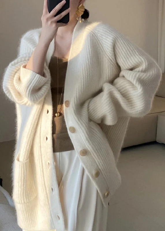 Party Wear Plus Size Beige V Neck Button Pockets Cotton Knit Coats Fall