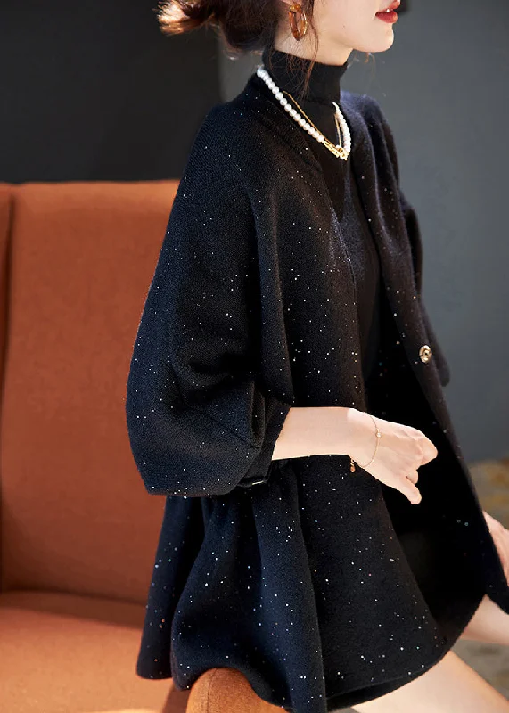 Cozy Layers Plus Size Black Cinched Sequins Knit Loose Coat Winter