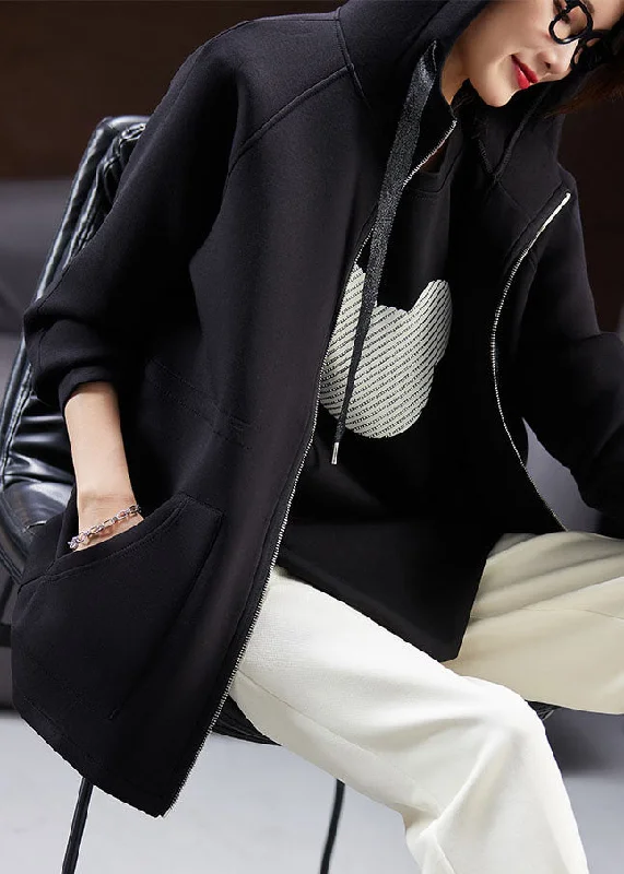 High-quality Fabrics Plus Size Black Drawstring Zippered Hooded Coat Fall