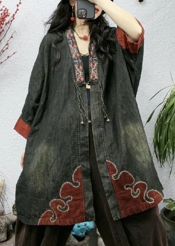 Fresh And Elegant Plus Size Black Embroidered Button Cotton Coat Bracelet Sleeve