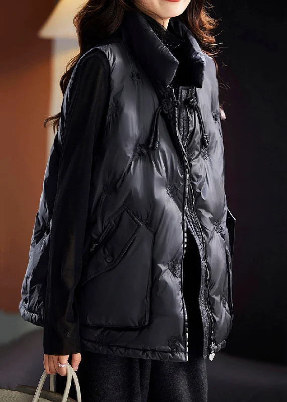 Weekend Wear Plus Size Black Embroideried Zippered Pockets Duck Down Waistcoat Sleeveless