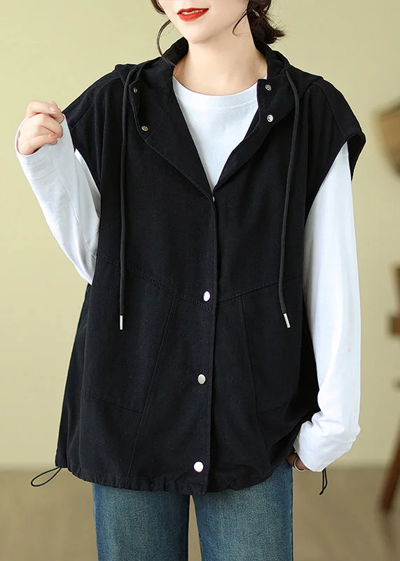 Comfortable Tops Plus Size Black Hooded Button Drawstring Cotton Waistcoat Sleeveless