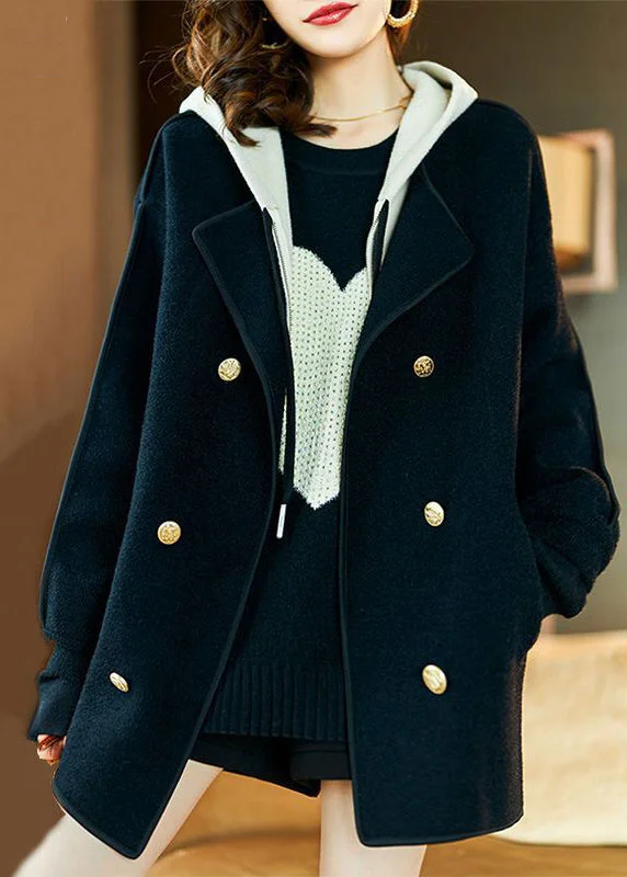 Simple Design Plus Size Black Hooded Patchwork Woolen Fake Two Piece Coats Fall