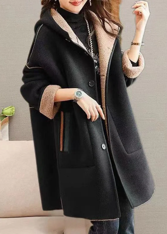 Classic Plus Size Black Hooded Pockets Patchwork Woolen Coat Winter