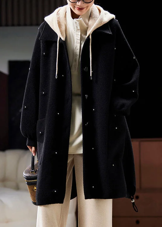 Soft Fabrics Plus Size Black Hooded Zircon Patchwork Woolen Coats Spring
