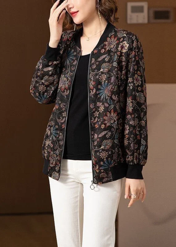 Fresh And Fashionable Plus Size Black O Neck Zip Up Pockets Silk Coats Long Sleeve