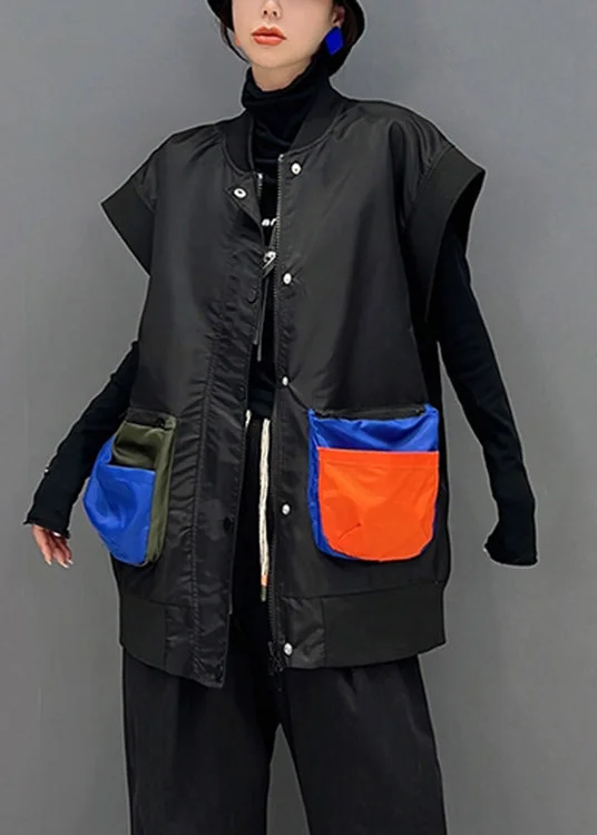 Classic Color Plus Size Black O-Neck Zippered Patchwork Button Thick Waistcoat Sleeveless