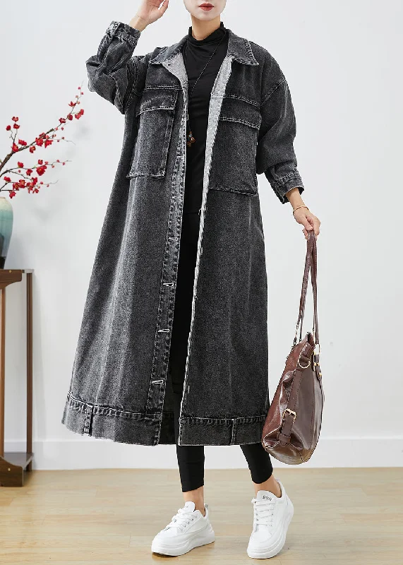 Exquisite Tailoring Plus Size Black Oversized Pockets Denim Trench Coats Fall