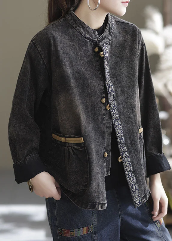 Soft Wear Plus Size Black Oversized Pockets Patchwork Cotton Denim Coats Fall