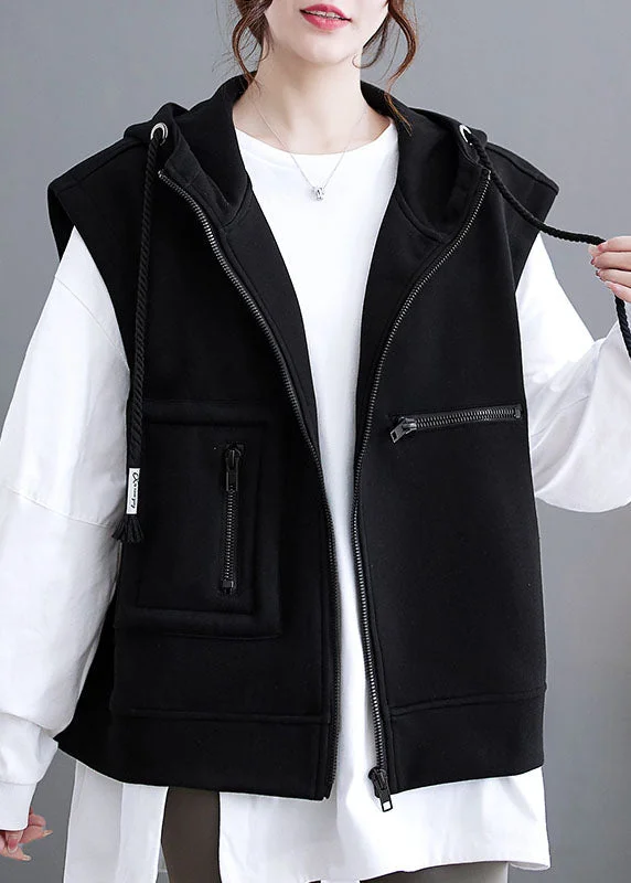 Casual Chic Wear Plus Size Black Patchwork Pockets Hoodie Waistcoat Fall