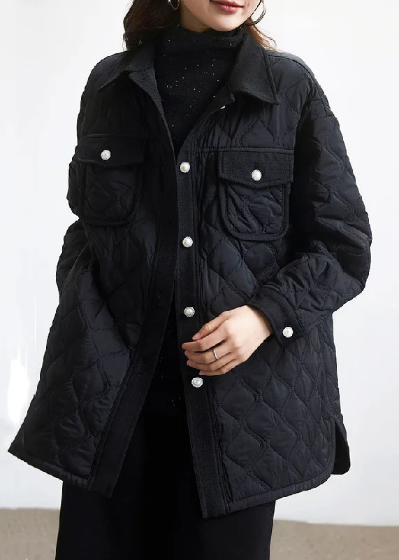 Cozy Look Plus Size Black Peter Pan Collar Button Cotton Filled Coat Long Sleeve