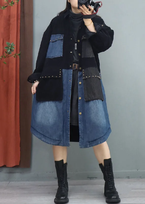 New Autumn And Winter Styles Plus Size Black Peter Pan Collar Pockets Patchwork Coat Fall