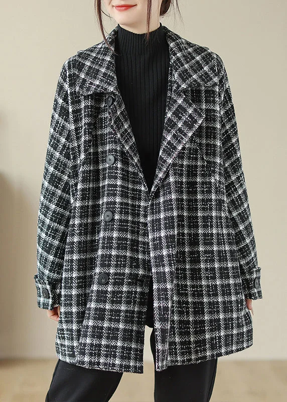 Cozy Apparel Plus Size Black Plaid Peter Pan Collar Pockets Woolen Jacket Fall