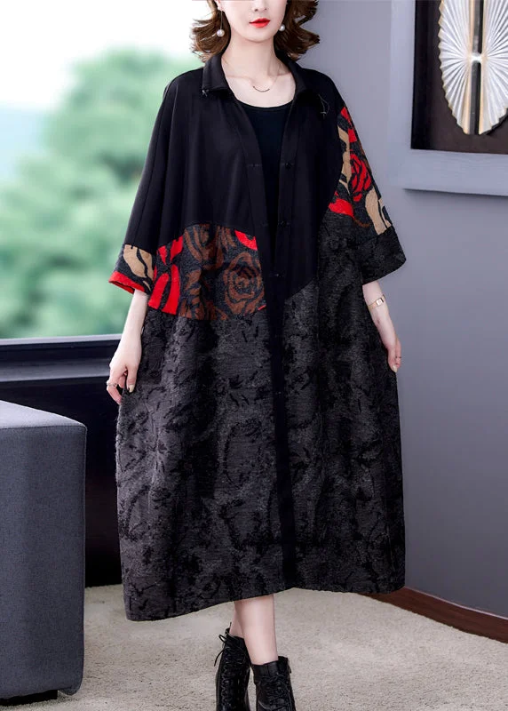 Sweet Breath Plus Size Black Print Button Patchwork Cotton Long Coats Fall