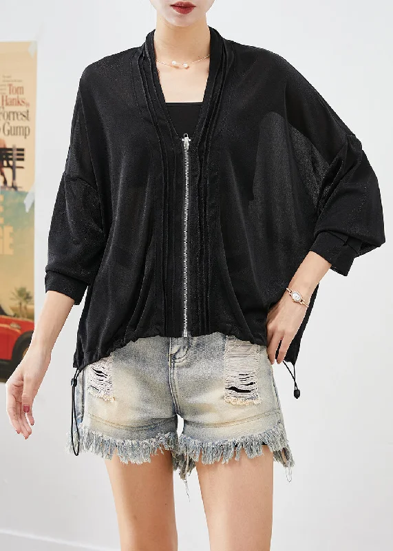 Street Fashion Plus Size Black V Neck Drawstring Wrinkled UPF 50+ Coat Fall