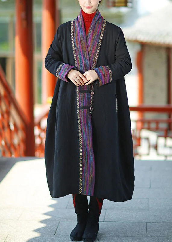Basic Comfort Plus Size Black V Neck Patchwork Fine Cotton Filled Long Coats Winter