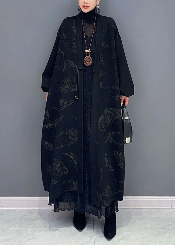 Cool Breeze At Night Plus Size Black V Neck Print Button Maxi Coat Fall