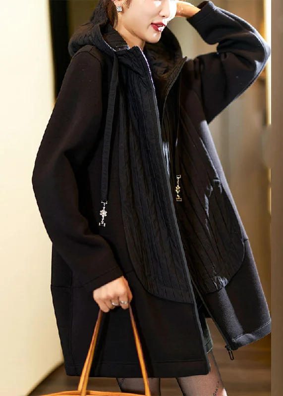 Dynamic Fashion Plus Size Black Zippered Patchwork Thick Hoodies Coats Fall
