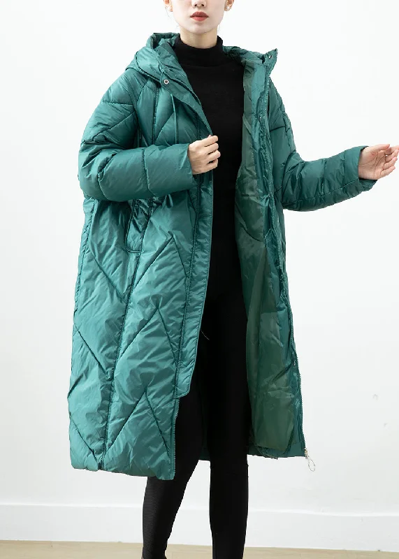 Relaxed Tops Plus Size Blackish Green Hooded Pockets Fine Cotton Filled Jacket In Winter