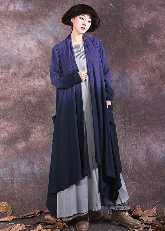Everyday Style Plus Size Blue Asymmetrical Gradient color Cotton Spring wrap coat