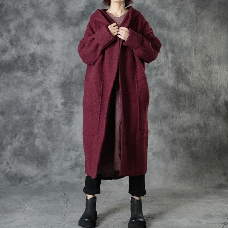 Plus Size Mulberry Loose Pockets Fall Hooded  Long Sleeve Sweaters Coat