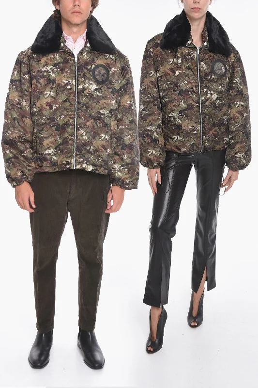 Elegant Fit Random Identities Camo-printed Padded Jacket with Faux-furred Collar
