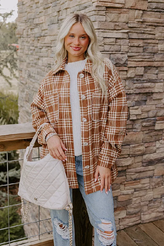 Start The Bonfire Embellished Plaid Jacket in Chocolate