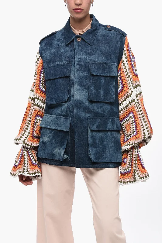 Noble And Elegant Tu Lizé Denim Saharan Jacket with Crochet Sleeves