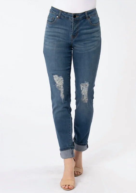 Cozy Fashions Boyfriend Distressed Jeans In Denim