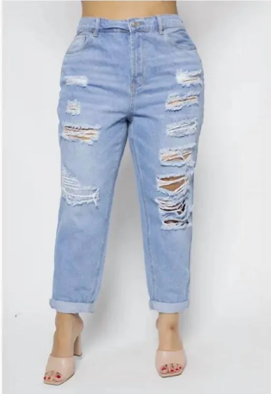 Playful Style Distressed Elastic Mom Jeans - Plus In Light Wash