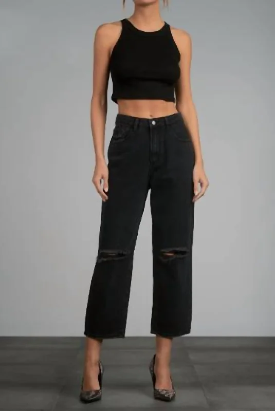 Ethnic Style Fray Hem Distressed Crop Jeans In Black Vintage