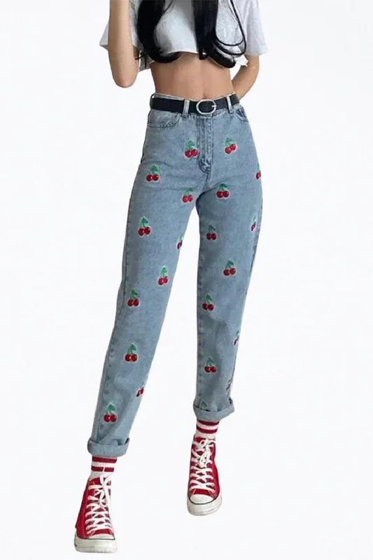 Comfortable down High-Rise Cherry-Embroidered Tapered Jeans In Light Blue