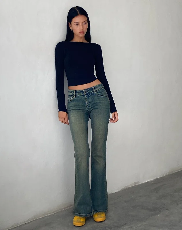 Floral Prints Low Rise Flared Jeans in Green Wash