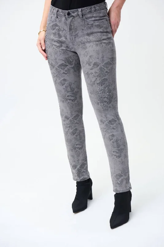Trendy Comfort Wear Printed Embellished Jeans In Grey