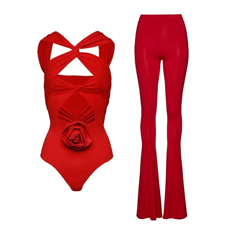Dessert Matching Baray Rosette Swimsuit with Pants in Red