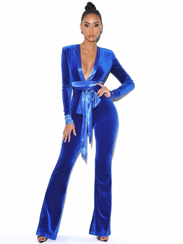 Refreshing Design Glorious Royal Blue Long Sleeve Velvet Jumpsuit