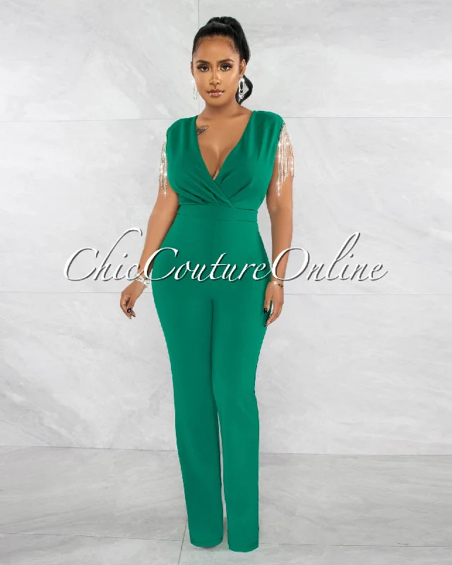 Grazia Hunter Green Rhinestones Fringe Open Back Jumpsuit