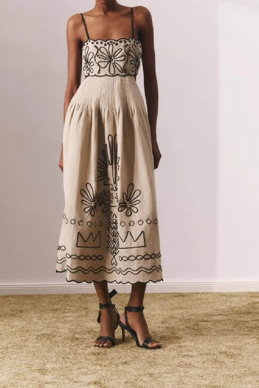 Versatile Style Jamie Embroidered Holiday Midi Dress in Beige - Luxe Collection