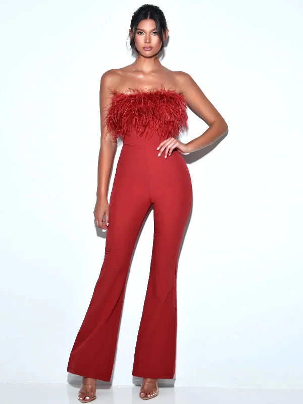 Comfortable And Versatile Kylan Burgundy Feather Jumpsuit
