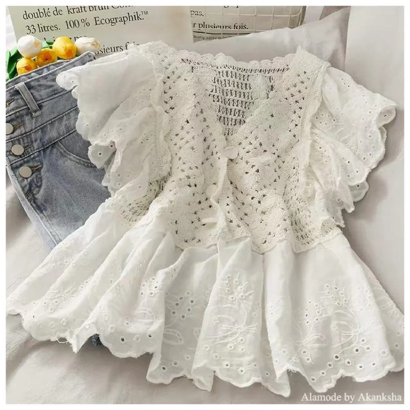 Single-shoulder Neck Design Mertha Eyelet Blouse