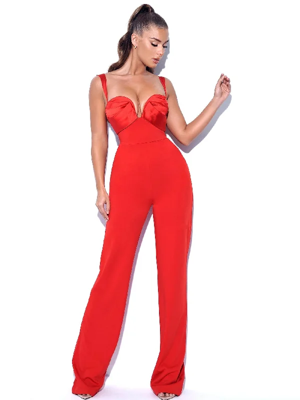 High Street Design Onika Red Satin and Crepe Jumpsuit