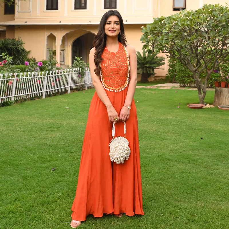 Bunaai Orange Embroidered Jumpsuit