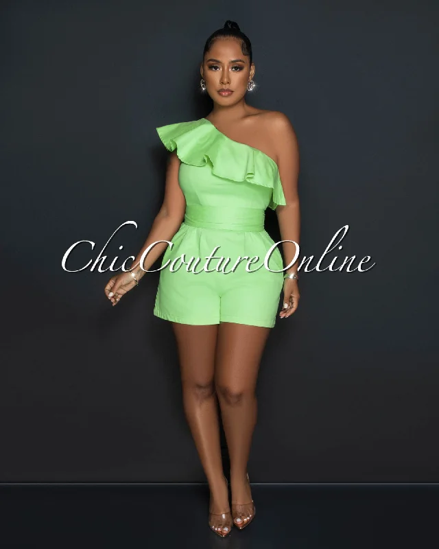 Paloma Apple Green Single Shoulder Ruffle Denim Romper