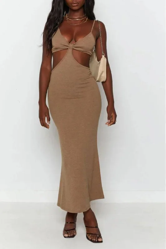 Luxury Temperament Reya Bodycon Holiday Dress in Brown