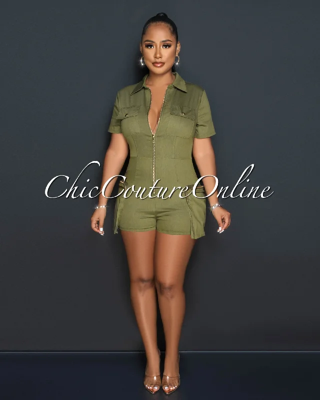 Sidney Olive Green Cargo Pockets Utility Romper