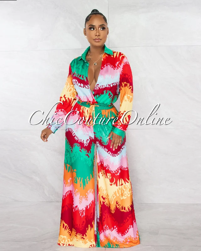 Tabitha Green Red Multi-Color Retro Print Deep V-Neck Jumpsuit