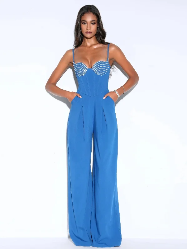 Celebrity Style Wanessa Blue Corset Wide Leg Jumpsuit with Crystals