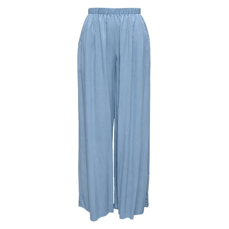 Solid Long Wide Leg Pants - Blue Gray